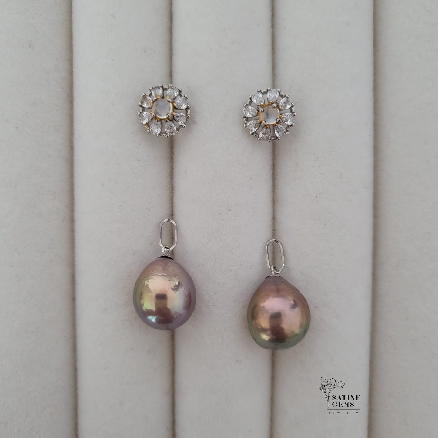 Moonstone and Cubic Zirconia Detachable Baroque Edison Pearls Ear Studs