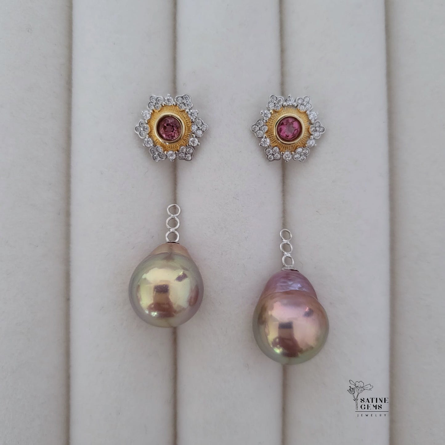 Tourmaline and Cubic Zirconia Detachable Baroque Edison Pearl Ear Studs