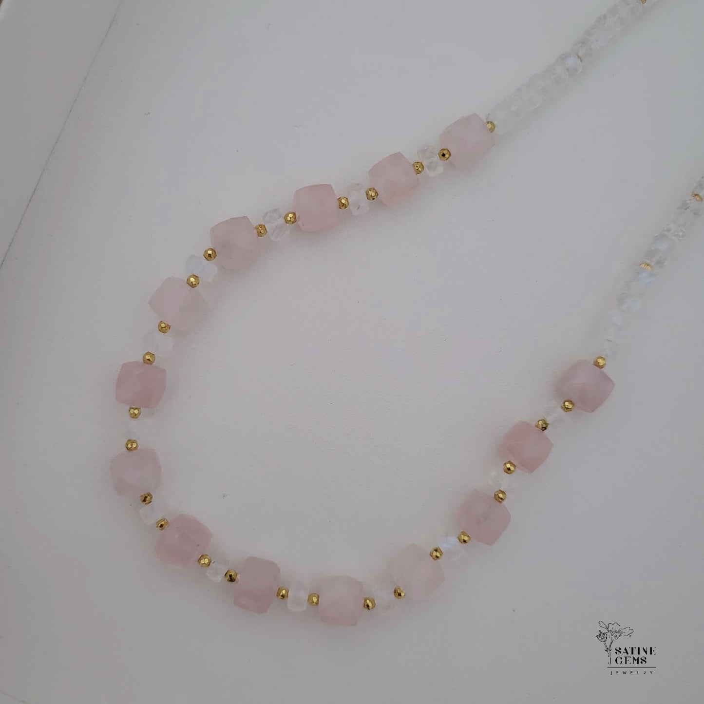 Facted Rose Quartz, Moonstone and Pyrite Necklace