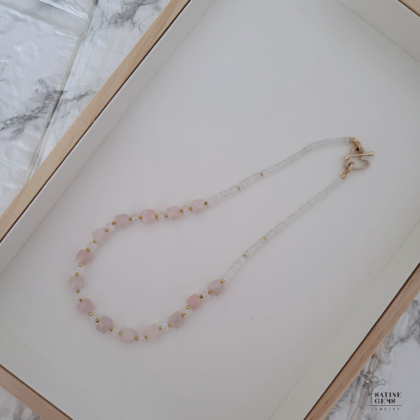 Facted Rose Quartz, Moonstone and Pyrite Necklace