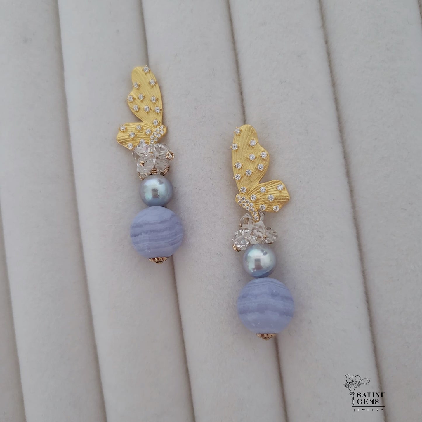 Akoya Pearl with Lace Agate Ear Studs