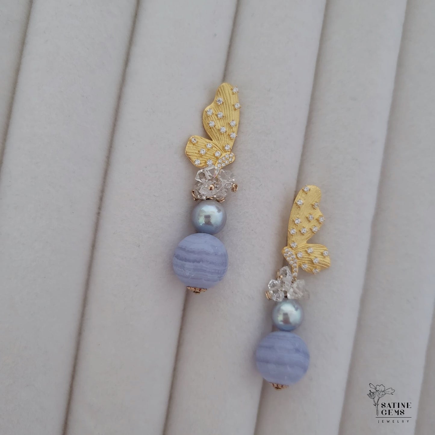 Akoya Pearl with Lace Agate Ear Studs