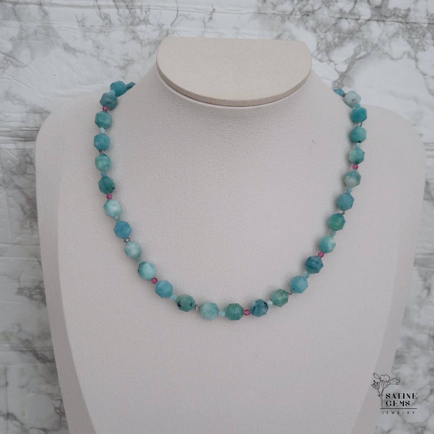 Amazonite Necklace with detachable XL Baroque Flameball Pearl with Raimbow Orient and Charm