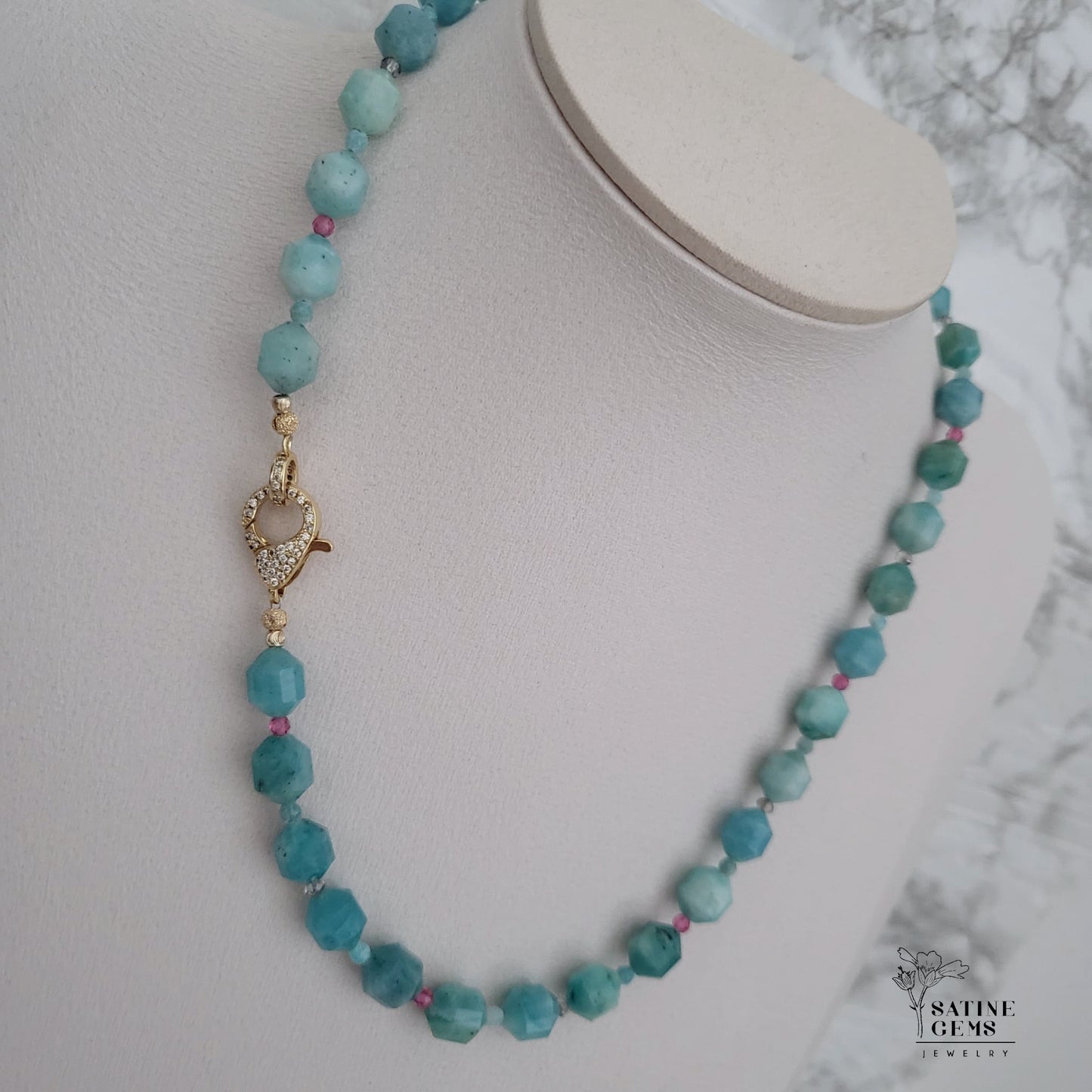 Amazonite Necklace with detachable XL Baroque Flameball Pearl with Raimbow Orient and Charm