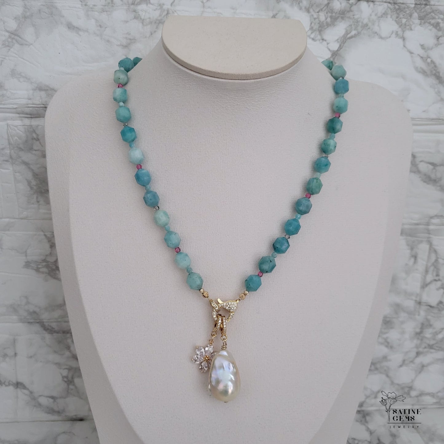 Amazonite Necklace with detachable XL Baroque Flameball Pearl with Raimbow Orient and Charm