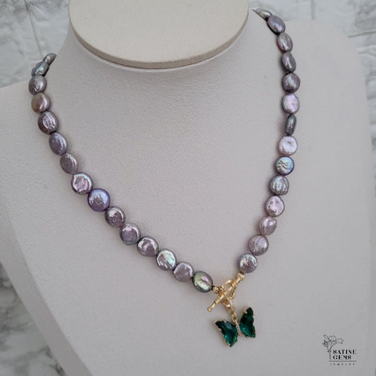 Peacock Lilac Coin Pearl Necklace with detachable Charms