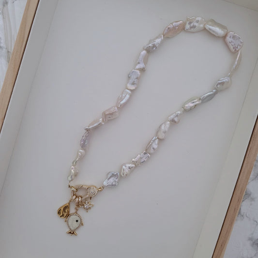 Freeform Freshwater Pearl Necklace with Rainbow Orient and Detachable Charms