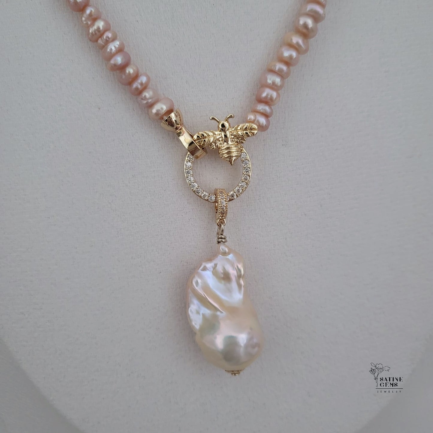 Peach Pink Freshwater Keishi Pearl Necklace with detachable XL Baroque Flameball Pearl