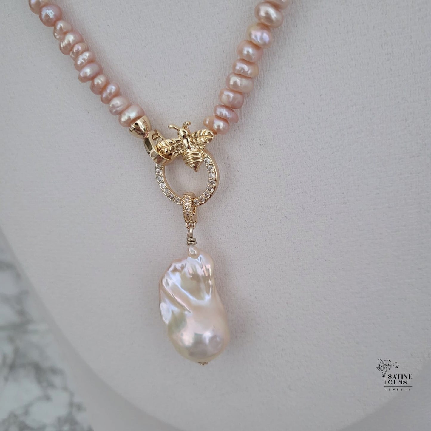 Peach Pink Freshwater Keishi Pearl Necklace with detachable XL Baroque Flameball Pearl