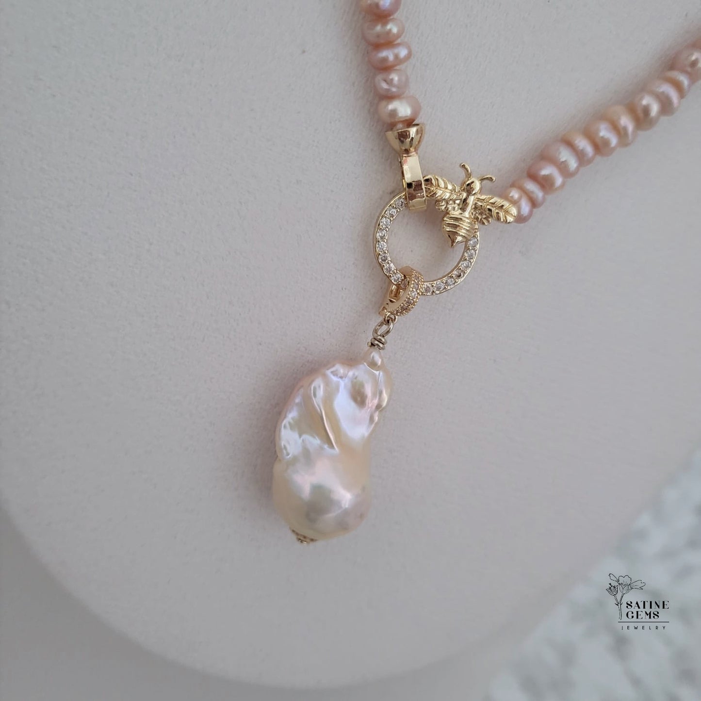 Peach Pink Freshwater Keishi Pearl Necklace with detachable XL Baroque Flameball Pearl
