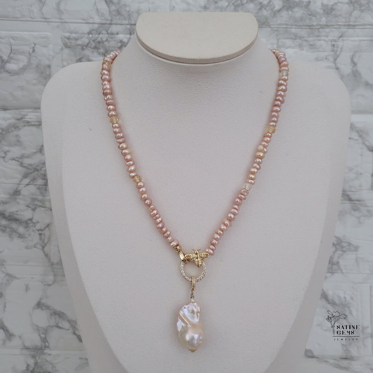 Peach Pink Freshwater Keishi Pearl Necklace with detachable XL Baroque Flameball Pearl