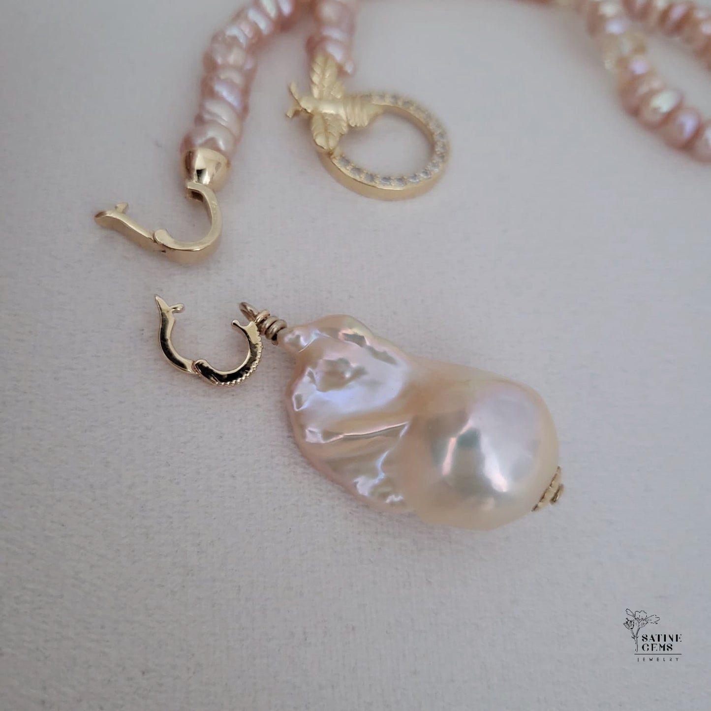 Peach Pink Freshwater Keishi Pearl Necklace with detachable XL Baroque Flameball Pearl