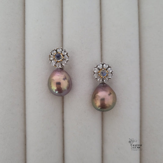 Moonstone and Cubic Zirconia Detachable Baroque Edison Pearls Ear Studs