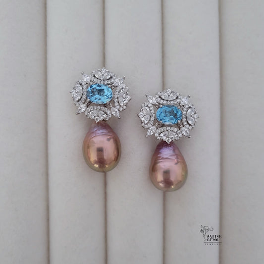 Blue Topaz and Cubic Zirconia Detachable Baroque Edison Pearls Ear Studs