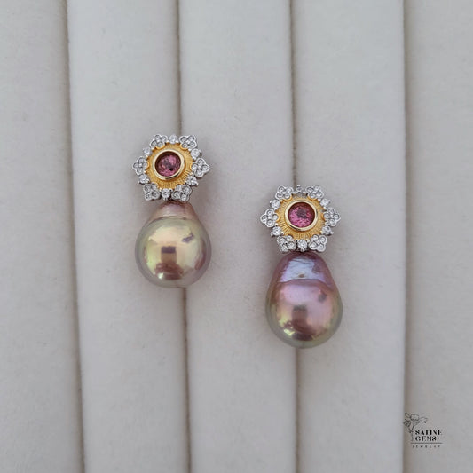 Tourmaline and Cubic Zirconia Detachable Baroque Edison Pearl Ear Studs