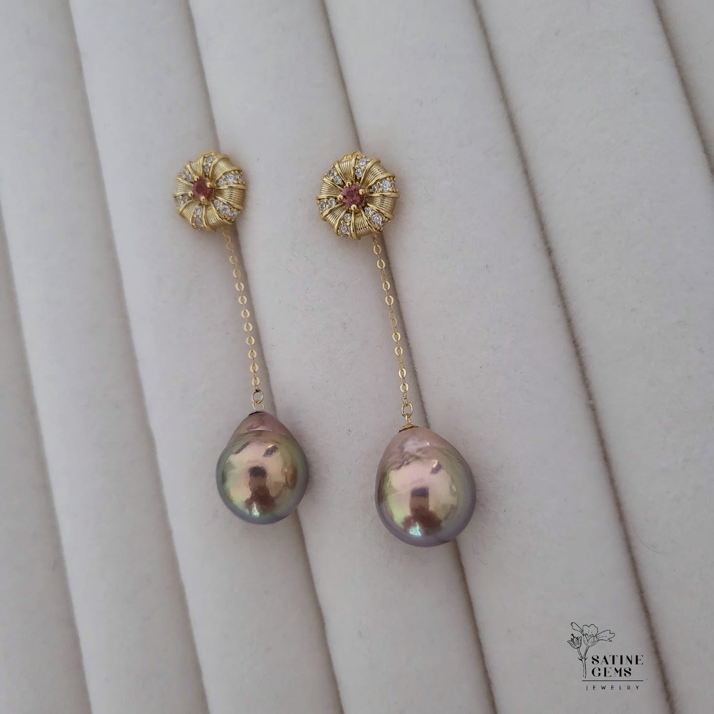 18K Solid Gold Dangles in Tourmaline Ear Studs