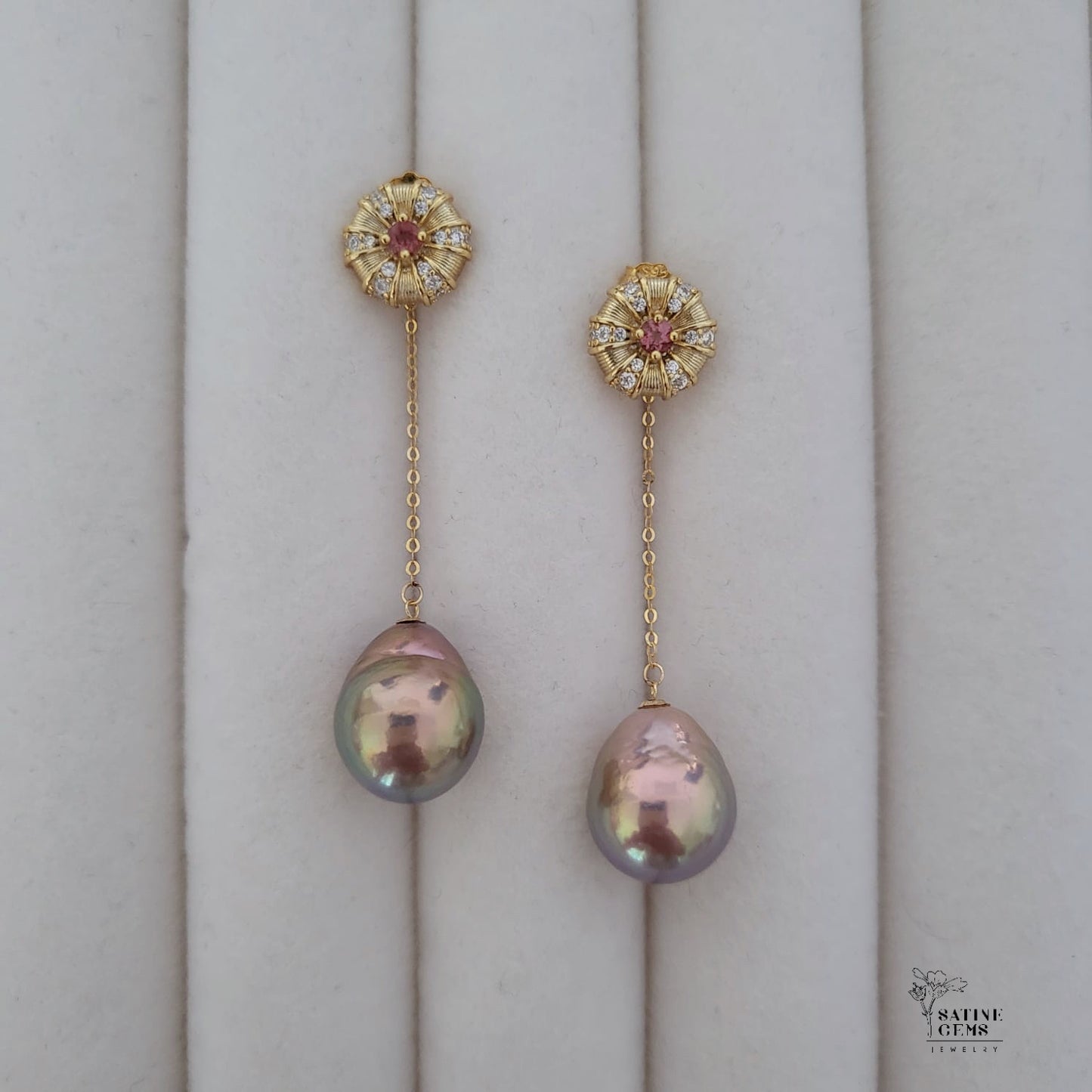 18K Solid Gold Dangles in Tourmaline Ear Studs