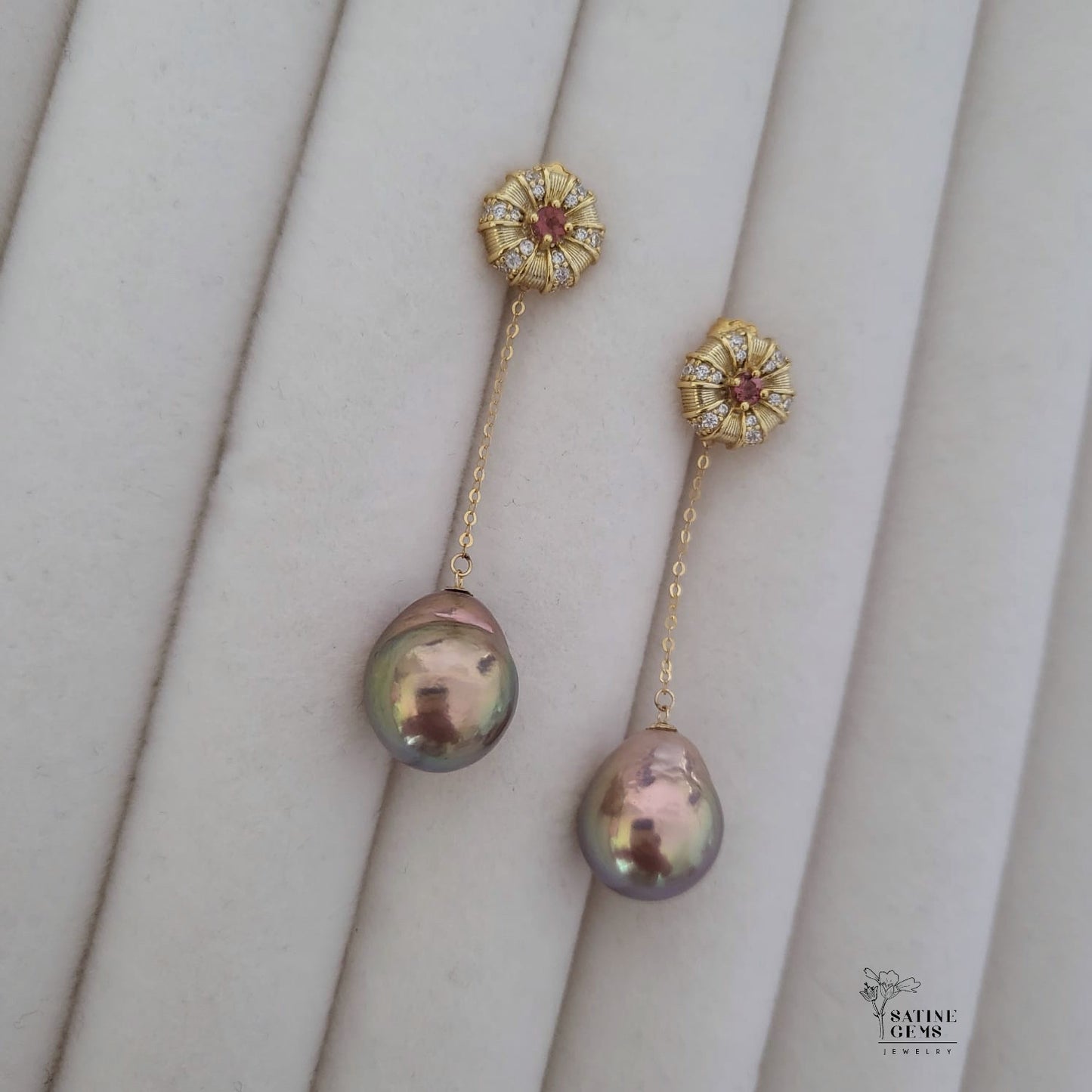18K Solid Gold Dangles in Tourmaline Ear Studs