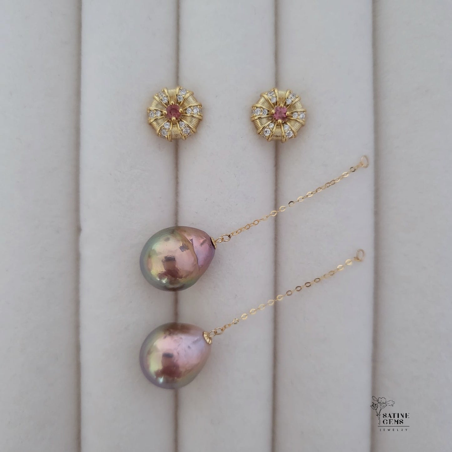 18K Solid Gold Dangles in Tourmaline Ear Studs