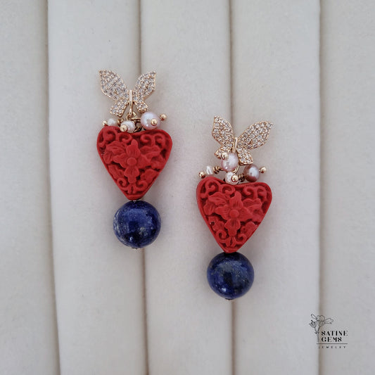 Lapis Lazuli Beads with Carved Heart Cinnabar Ear Studs